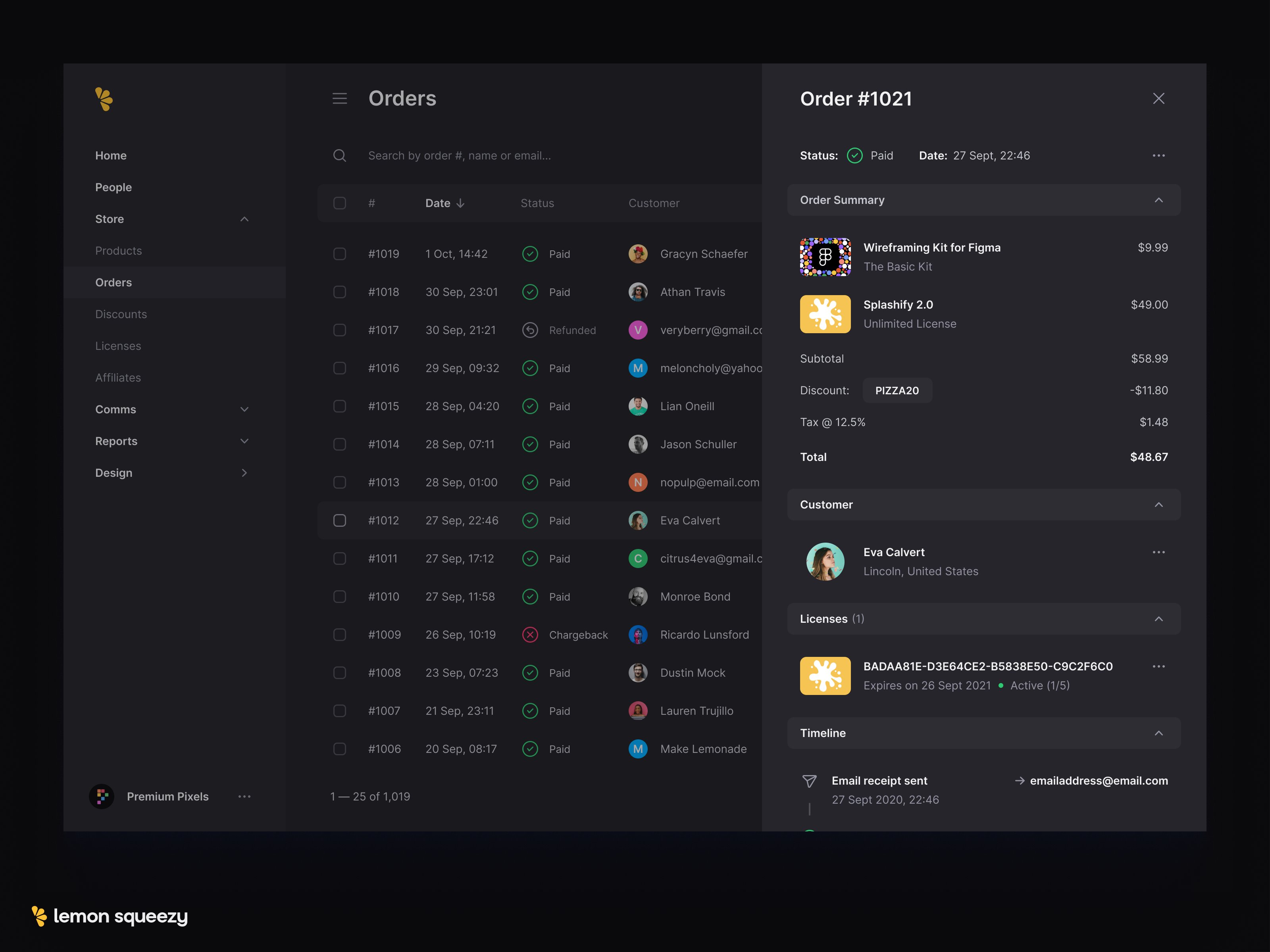 Lemon Squeezy Orders Panel Dark Mode