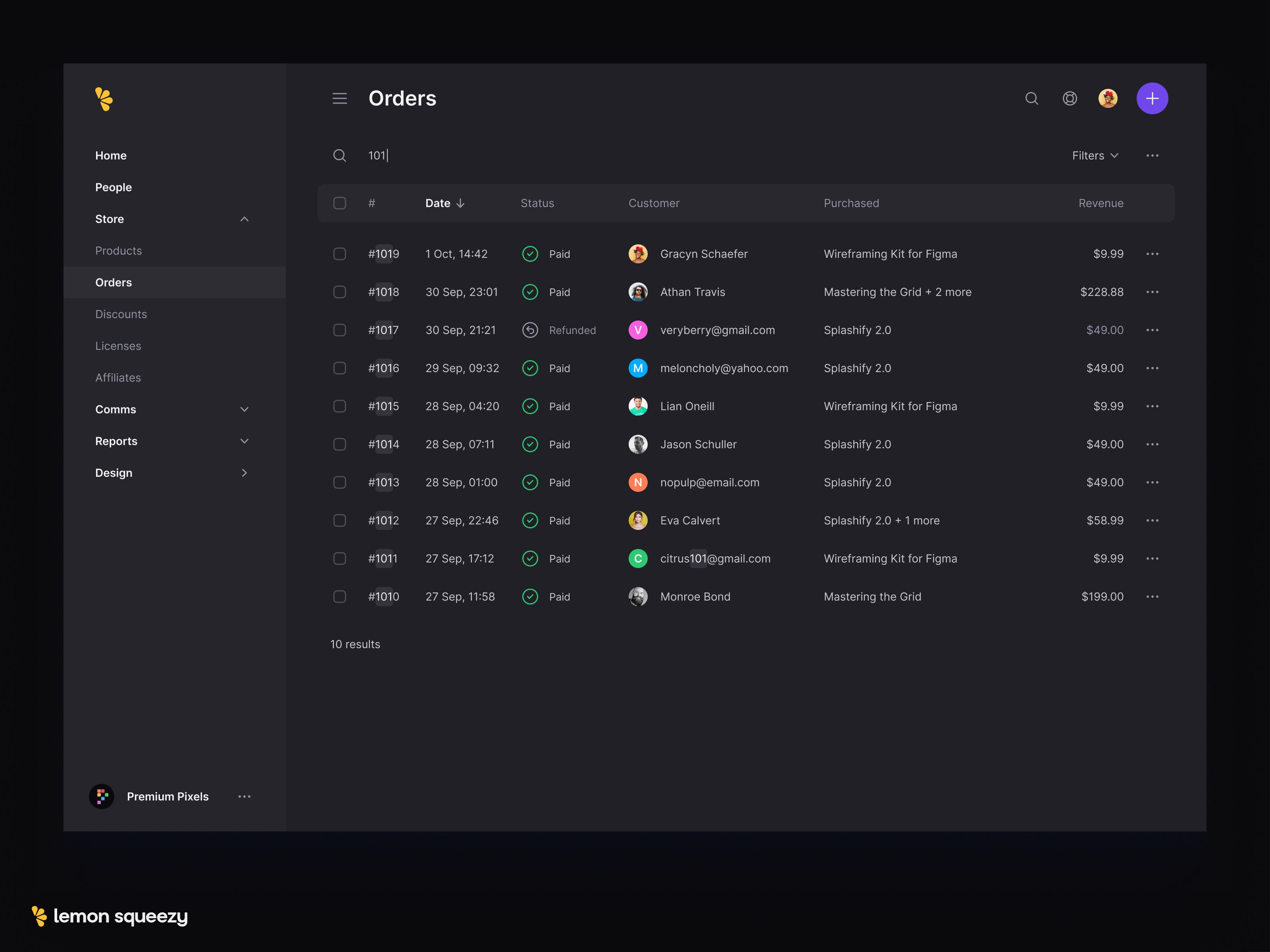 Lemon Squeezy Table Search, Dark Mode.